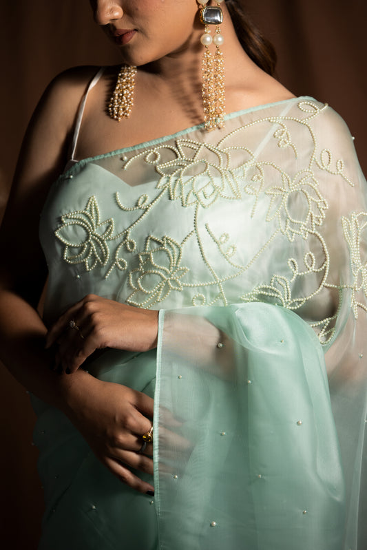 POWDER BLUE ORGANZA SAREE - KUMUD