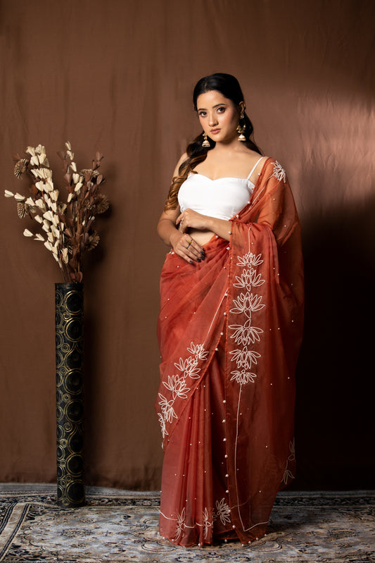 BRICK RED ORGANZA SAREE - KUMUD