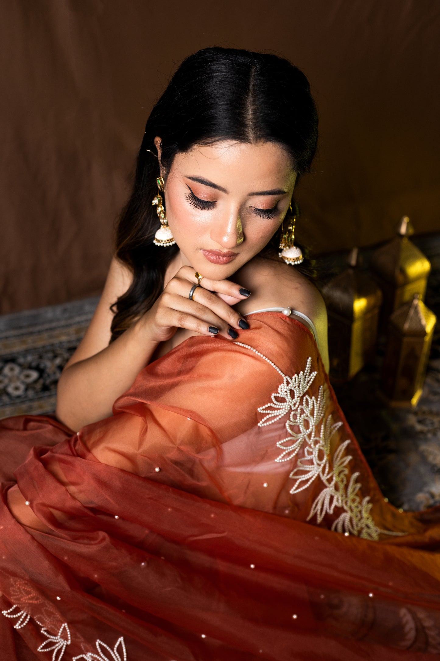 BRICK RED ORGANZA SAREE - KUMUD