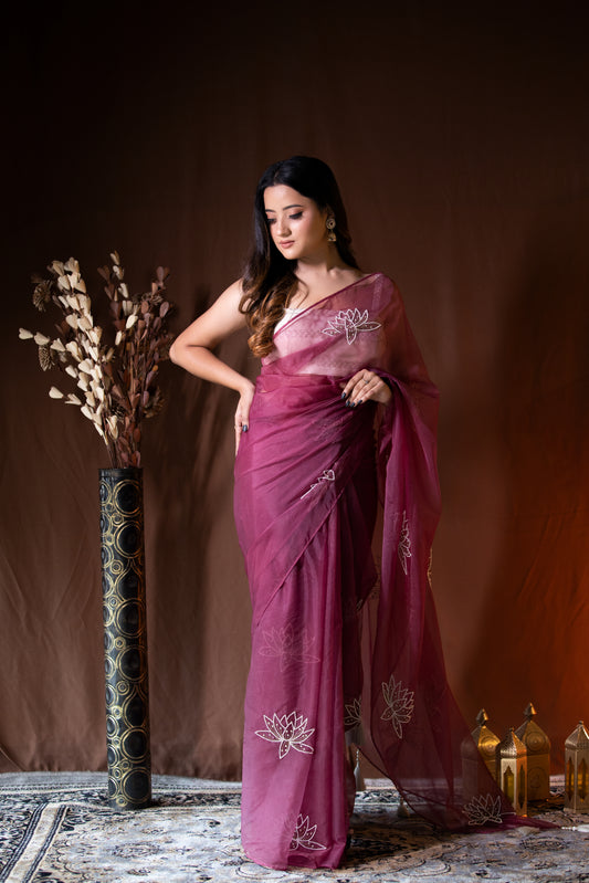 Dust Wine Organza Saree - KUMUD