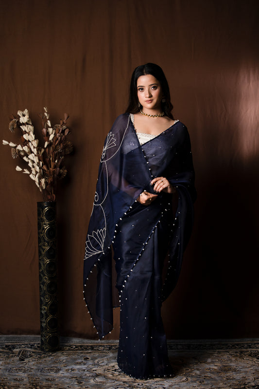 Navy Blue Organza Saree - KUMUD