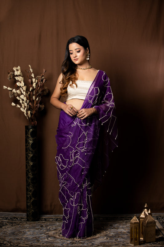 DARK PURPLE ORGANZA SAREE - KUMUD