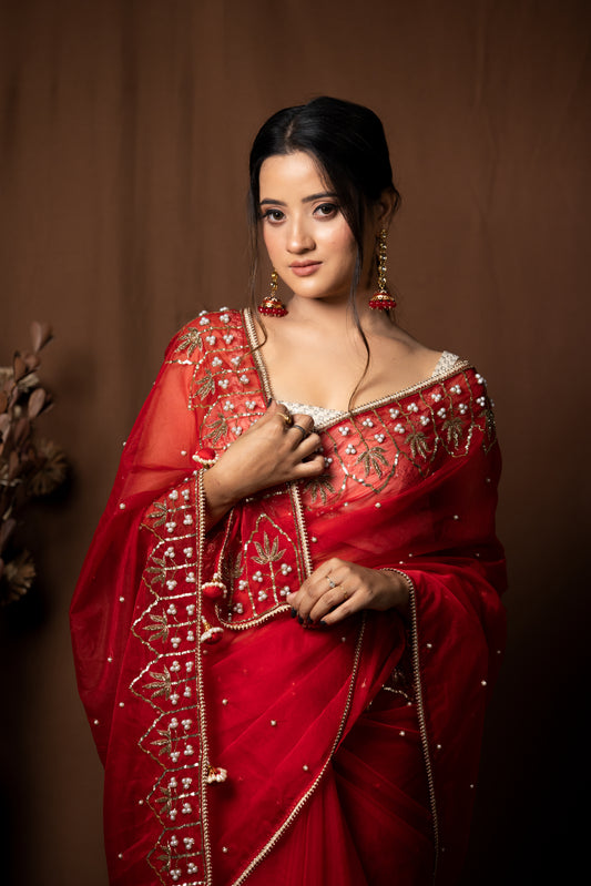 RED ORGANZA SAREE - KUMUD