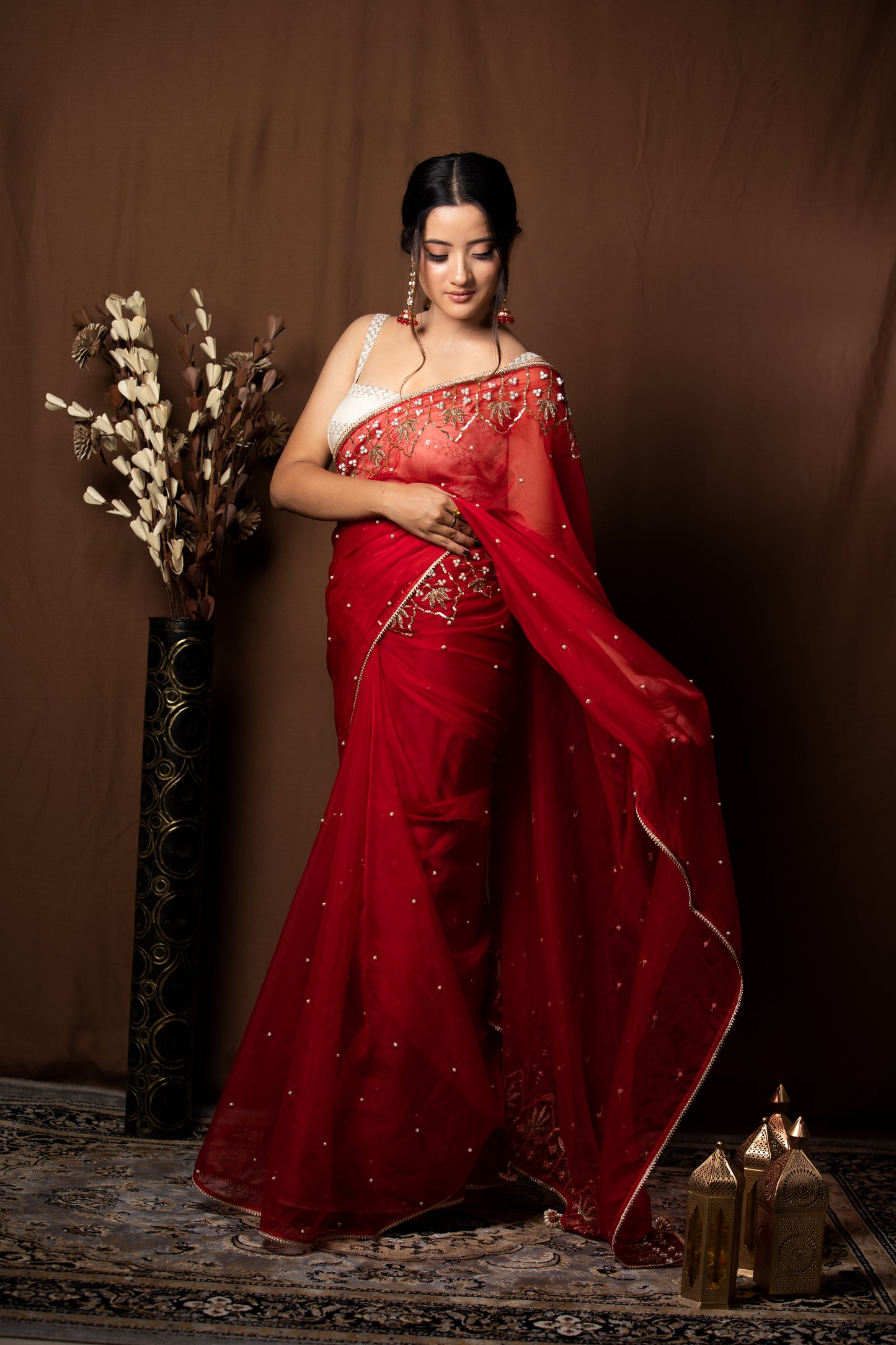 RED ORGANZA SAREE - KUMUD