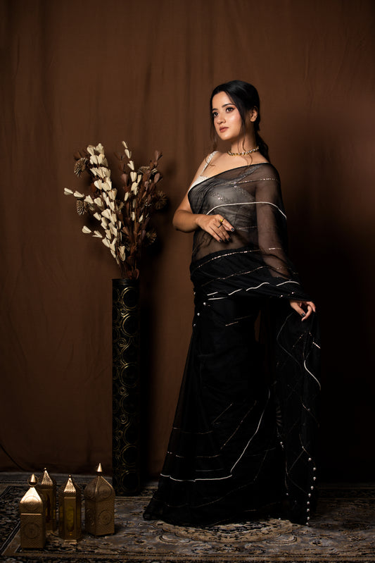 BLACK ORGANZA SAREE - KUMUD
