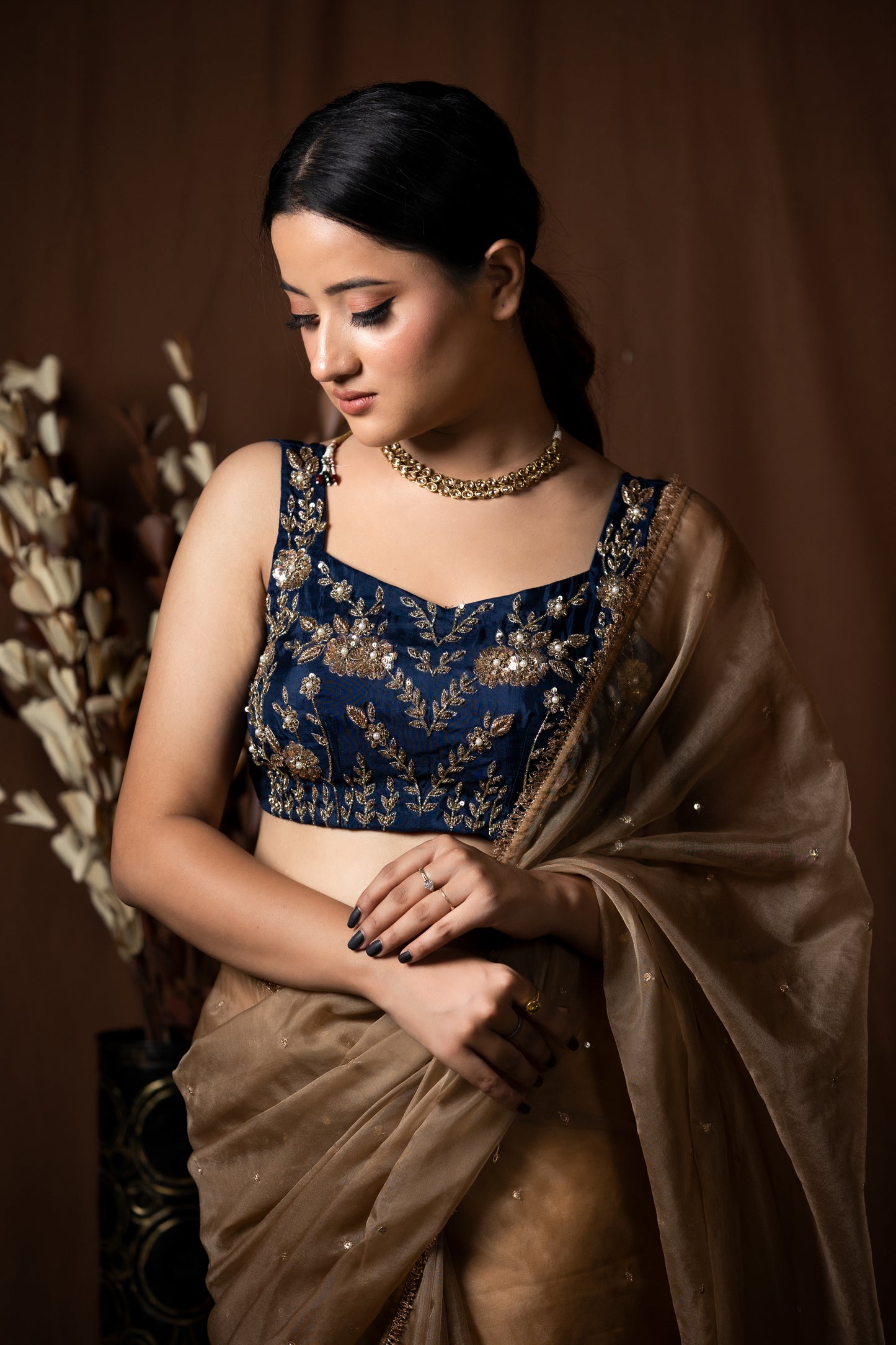 BROWN ORGANZA SAREE - KUMUD