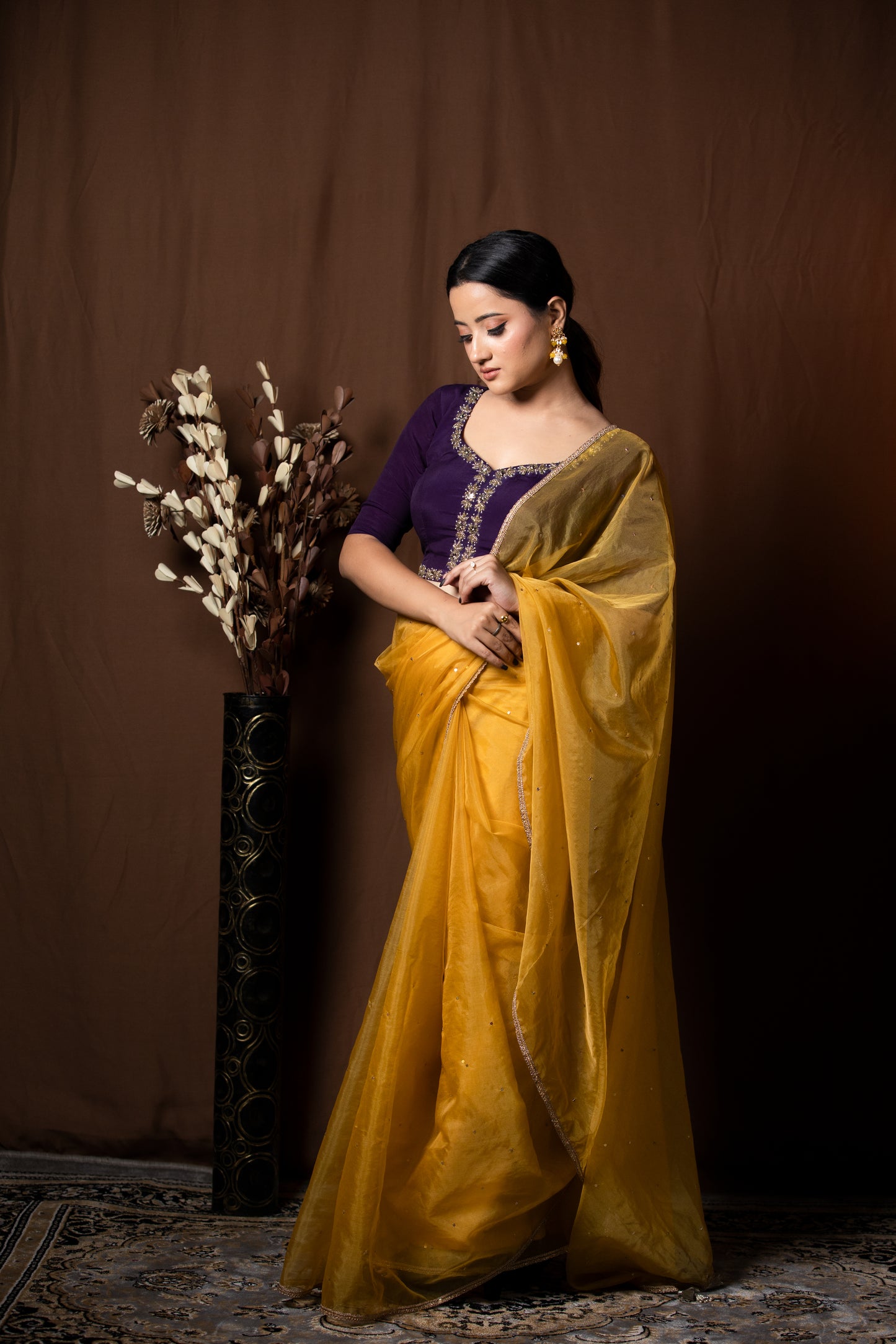 MUSTARD YELLOW ORGANZA SAREE - KUMUD
