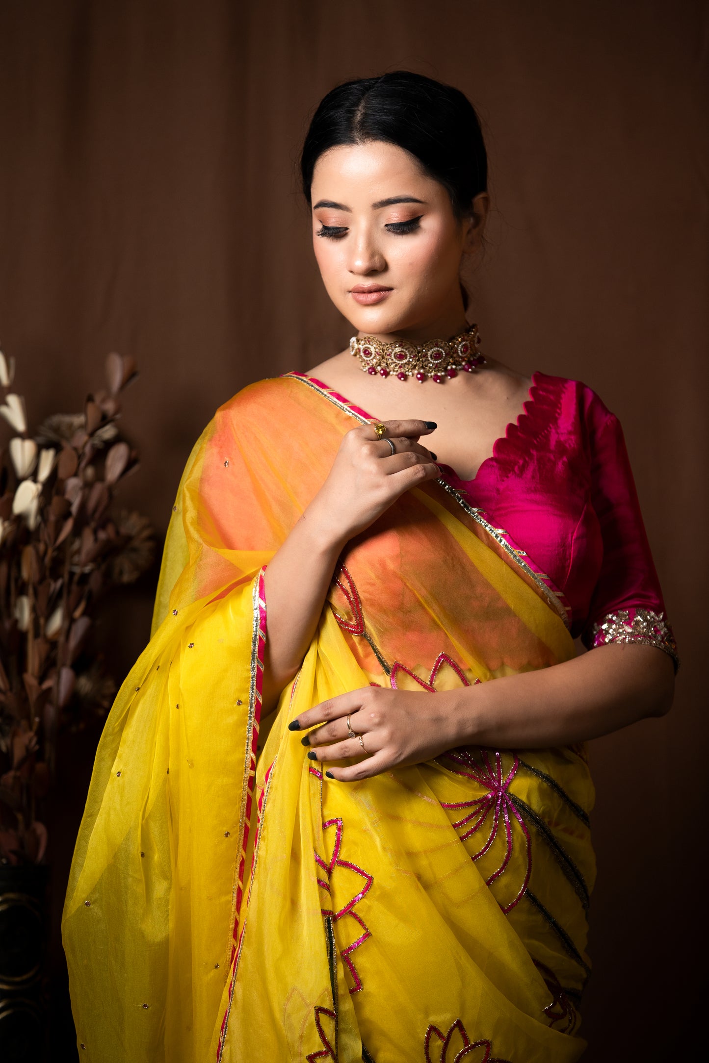 TURMERIC YELLOW ORGANZA SAREE - KUMUD