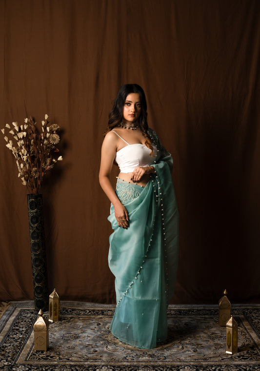 OCEAN BLUE ORGANZA SAREE - KUMUD