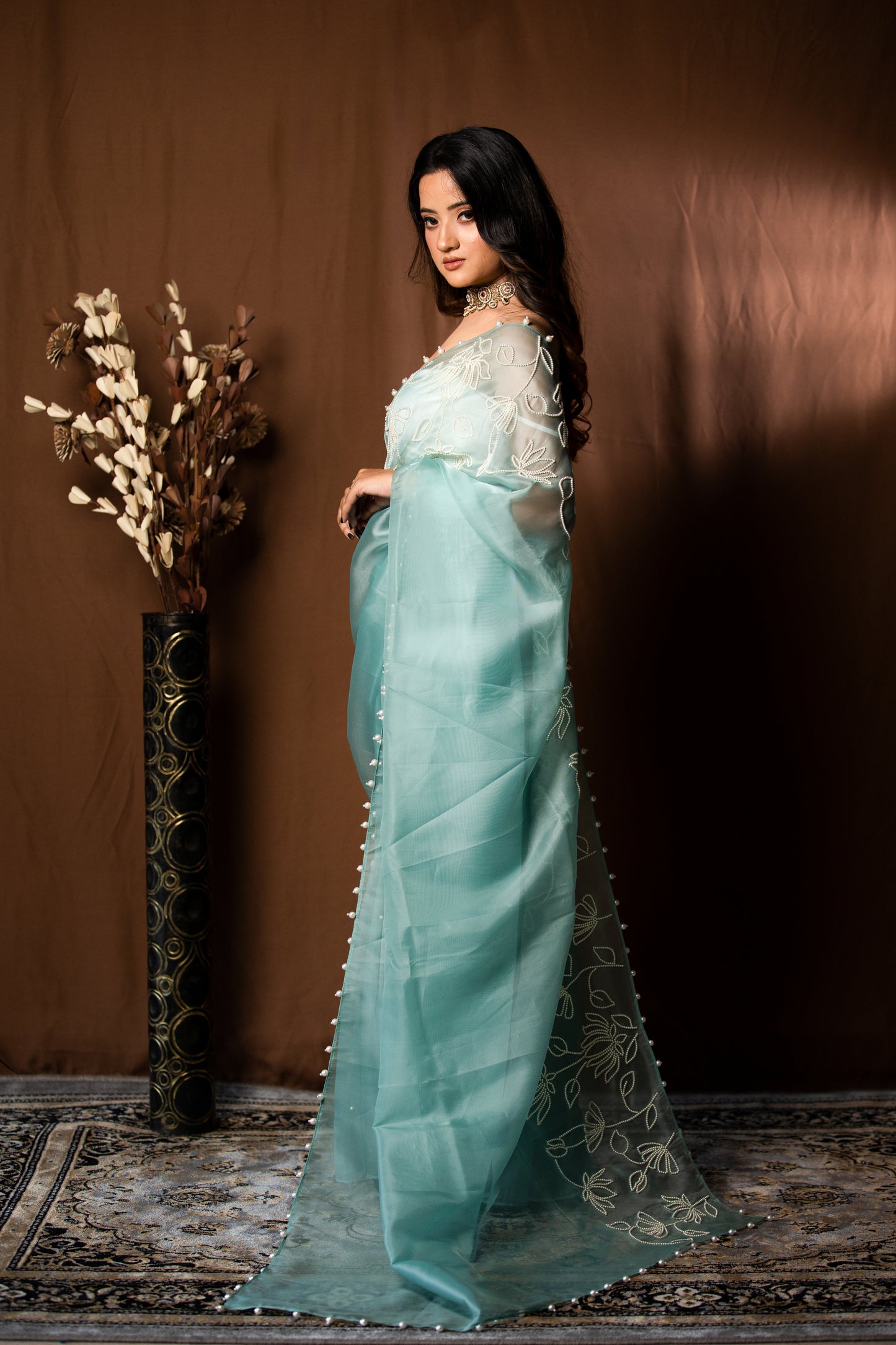 OCEAN BLUE ORGANZA SAREE - KUMUD