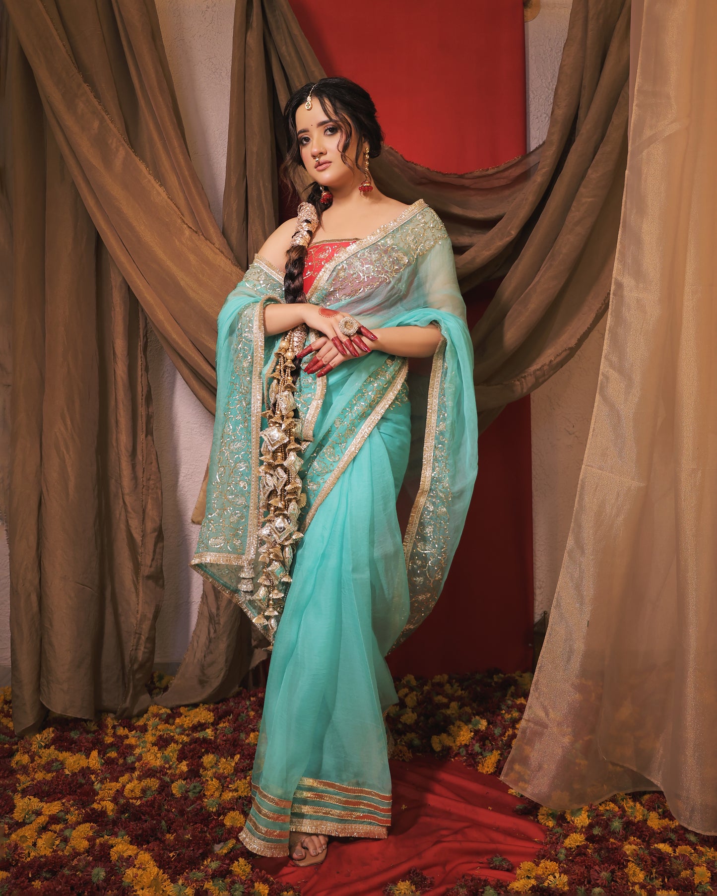 SKY BLUE AND RED SAREE - SWARN MANJARI