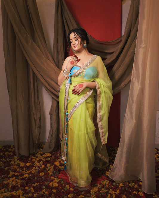 YELLOW AND INK BLUE SAREE  - SWARN MANJARI