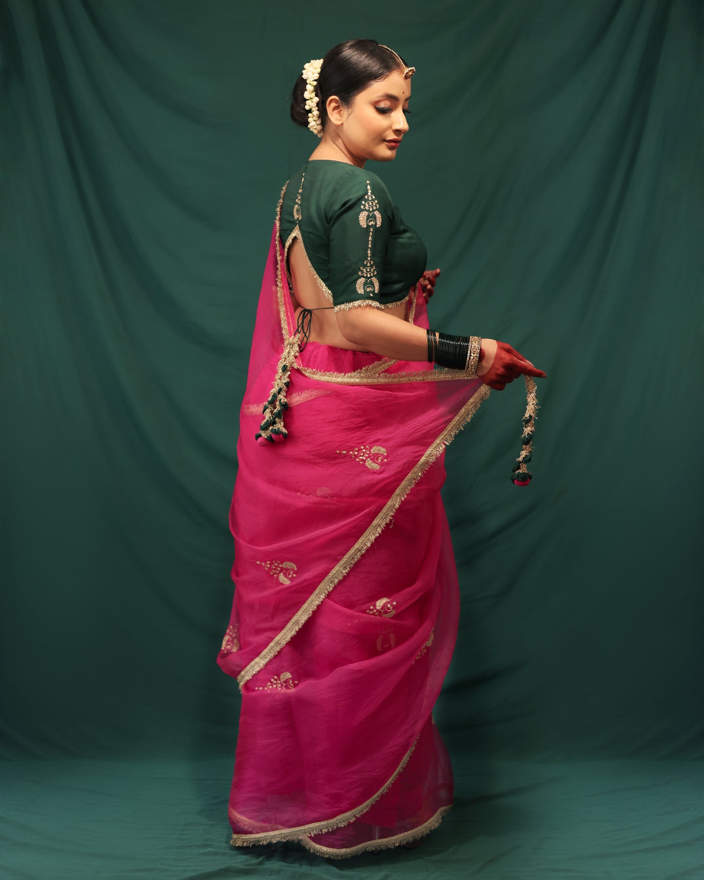 HOT PINK AND BOTTLE GREEN SAREE - JHAROKHA