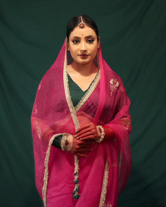 HOT PINK AND BOTTLE GREEN SAREE - JHAROKHA