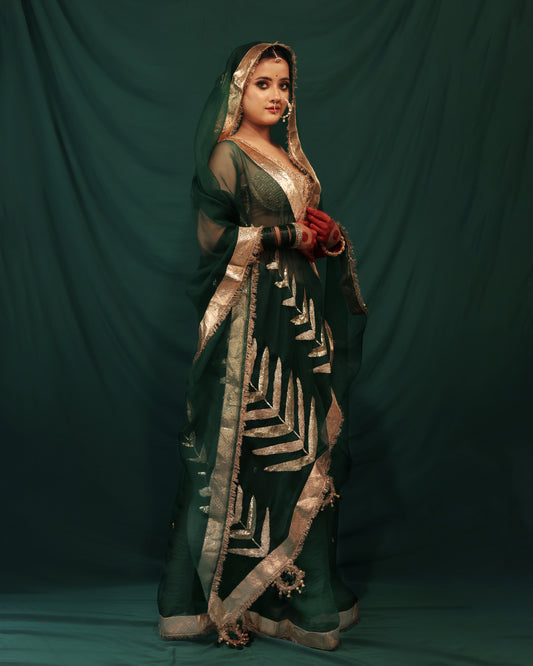 BOTTLE GREEN LEAF ORGANZA SAREE - JHAROKHA