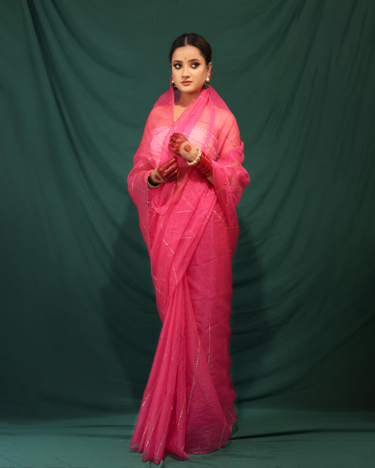 PINK LINE ORGANZA SAREE - JHAROKHA