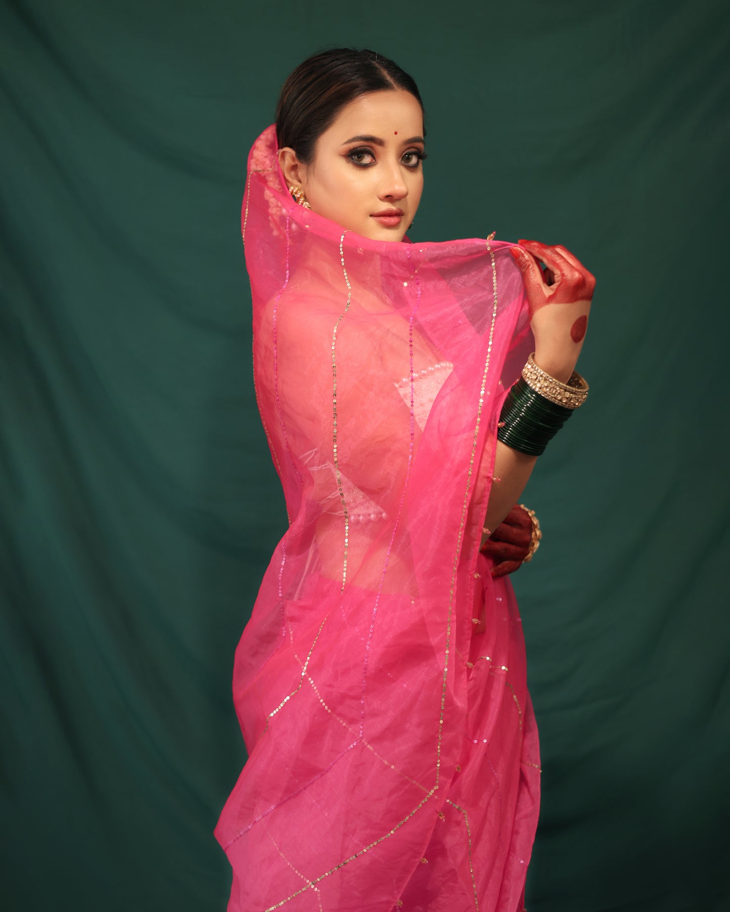 PINK LINE ORGANZA SAREE - JHAROKHA