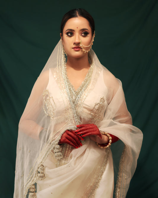 WHITE DARWAZA SAREE - JHAROKHA