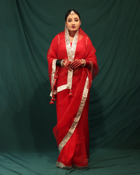 LAAL ORGANZA SAREE - JHAROKHA