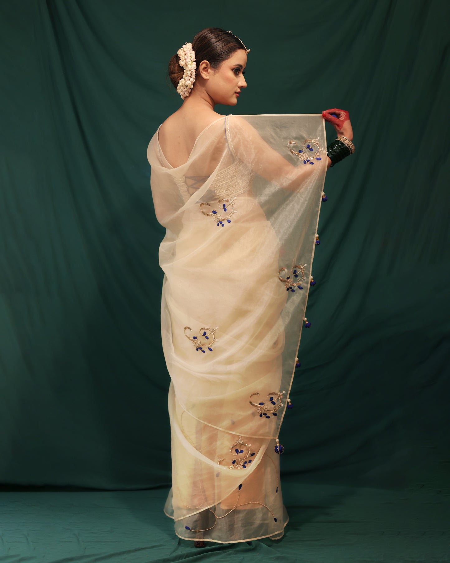 BEIGE AND ROYAL BLUE ORGANZA SAREE - JHAROKHA