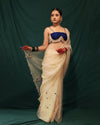BEIGE AND ROYAL BLUE ORGANZA SAREE - JHAROKHA