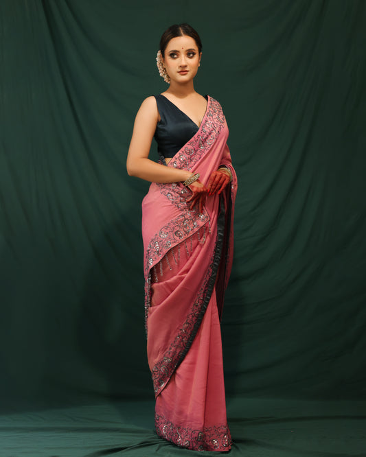 DUST PINK AND BLUE SHIMMER GEORGETTE SAREE - JHAROKHA