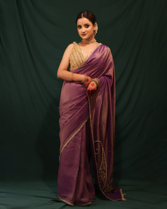 PURPLE SHIMMER GEORGETTE ORGANZA SAREE - JHAROKHA