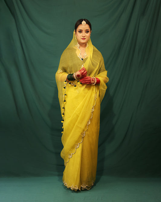 LIME GREEN AND BOTTLE GREEN SAREE - JHAROKHA