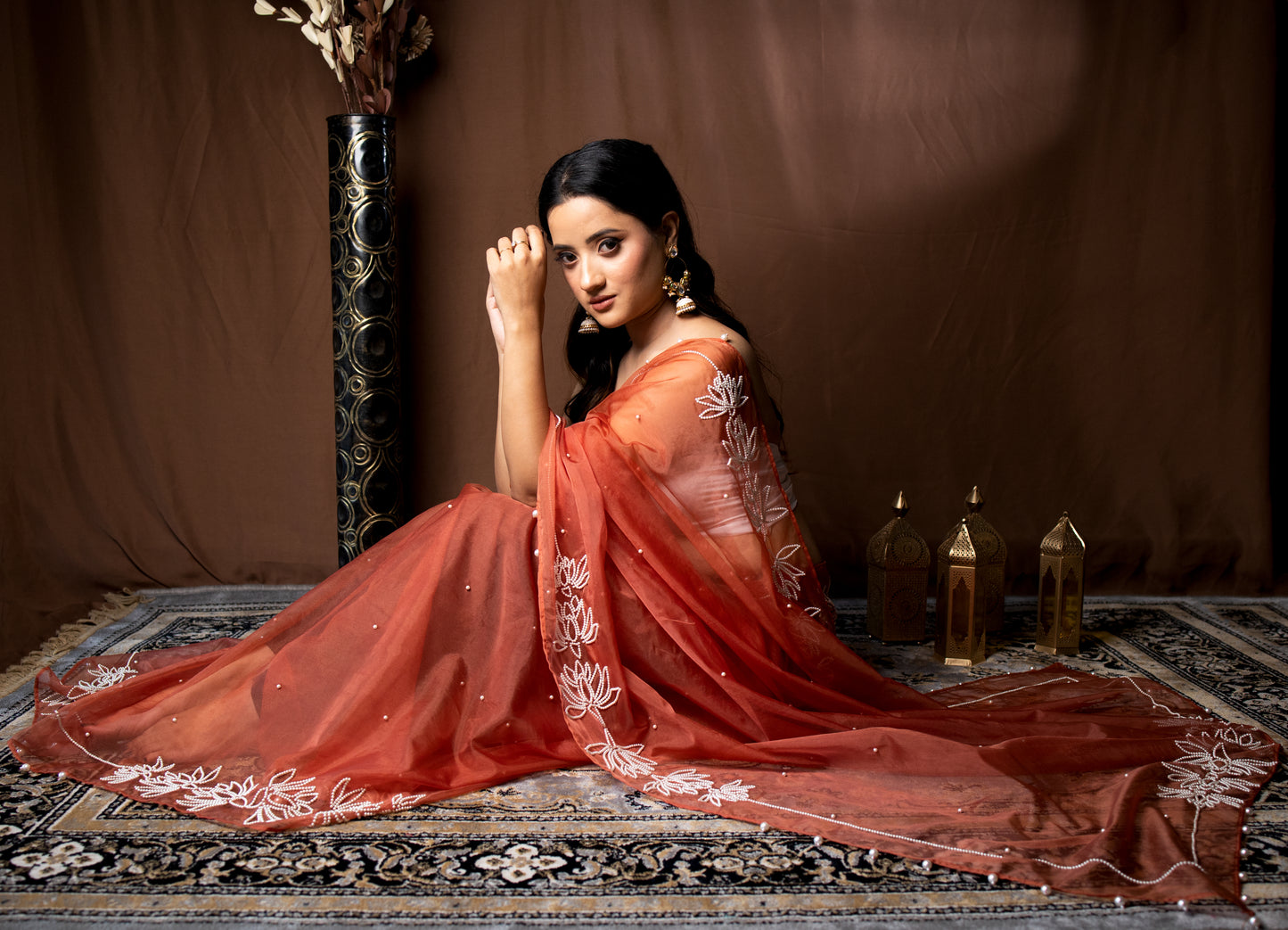 BRICK RED ORGANZA SAREE - KUMUD