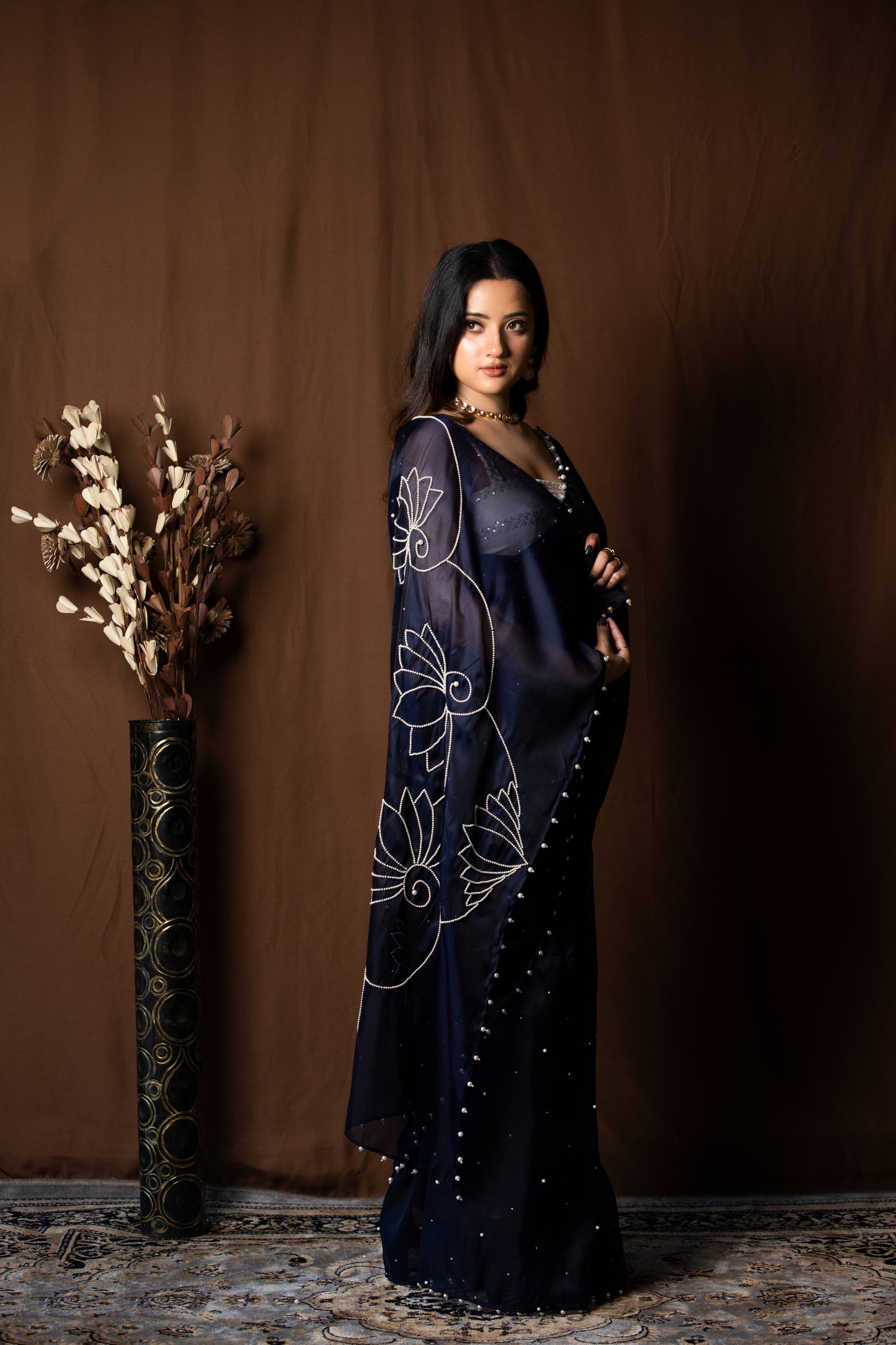 Navy Blue Organza Saree - KUMUD