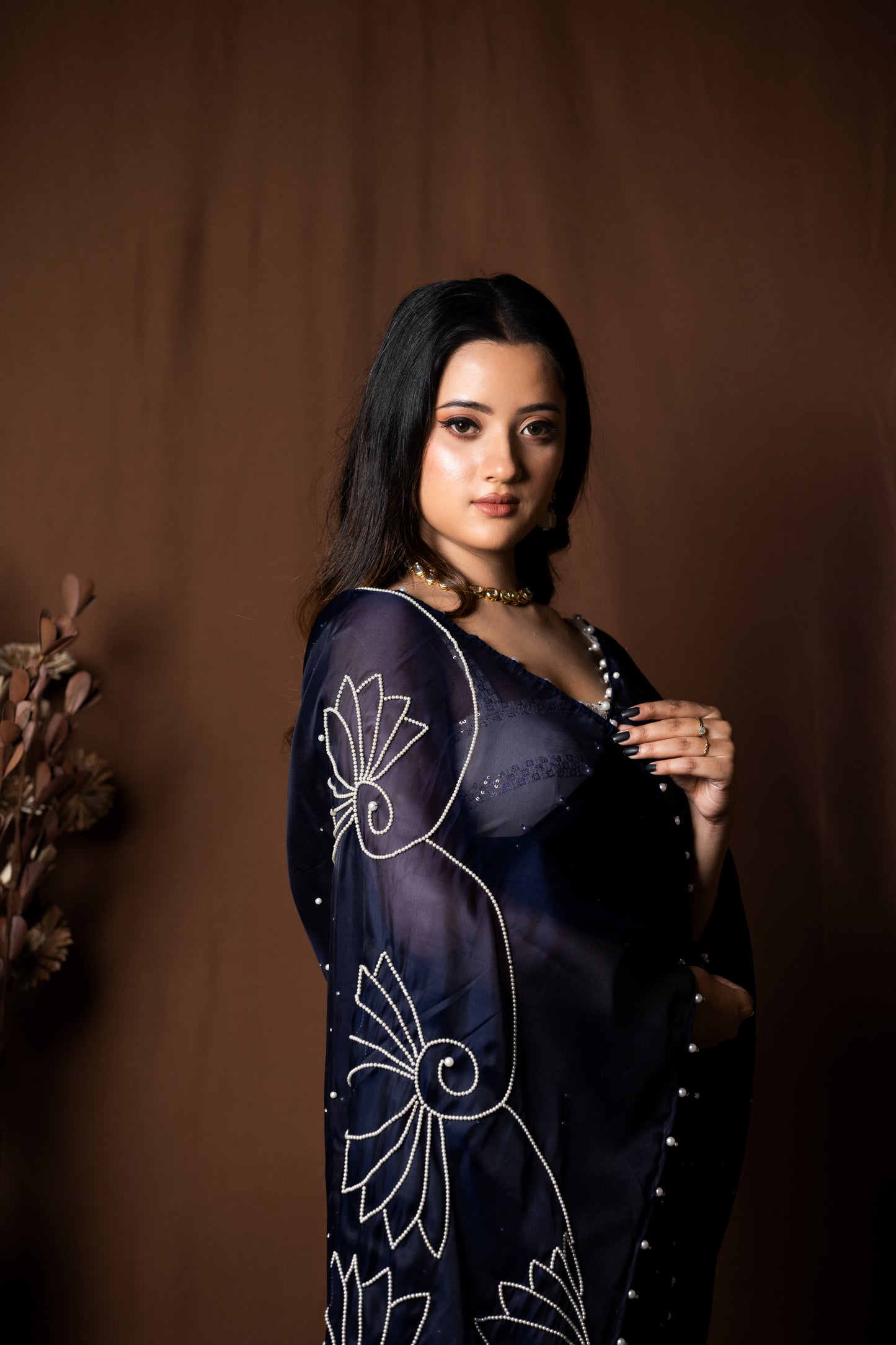 Navy Blue Organza Saree - KUMUD