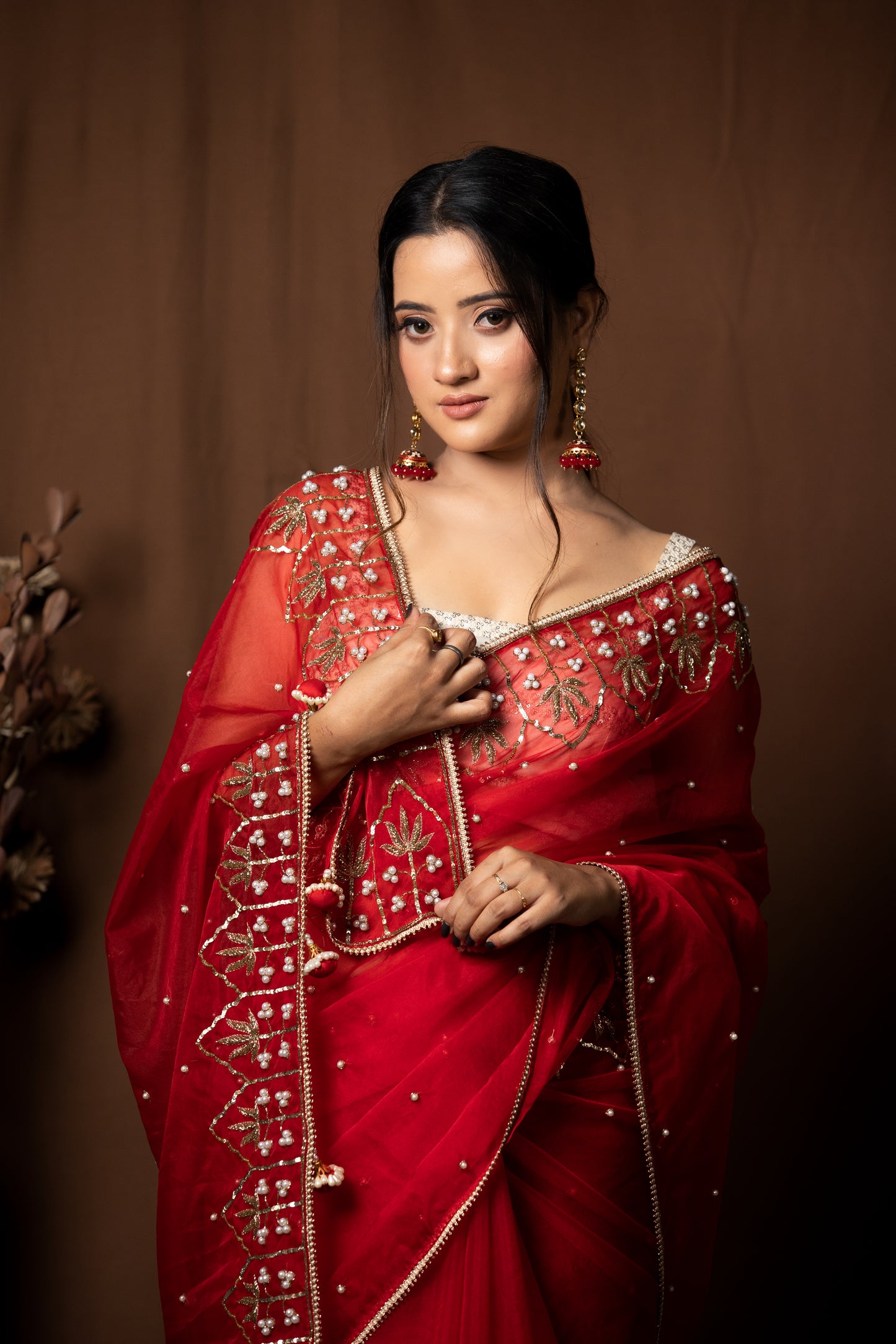 RED ORGANZA SAREE - KUMUD