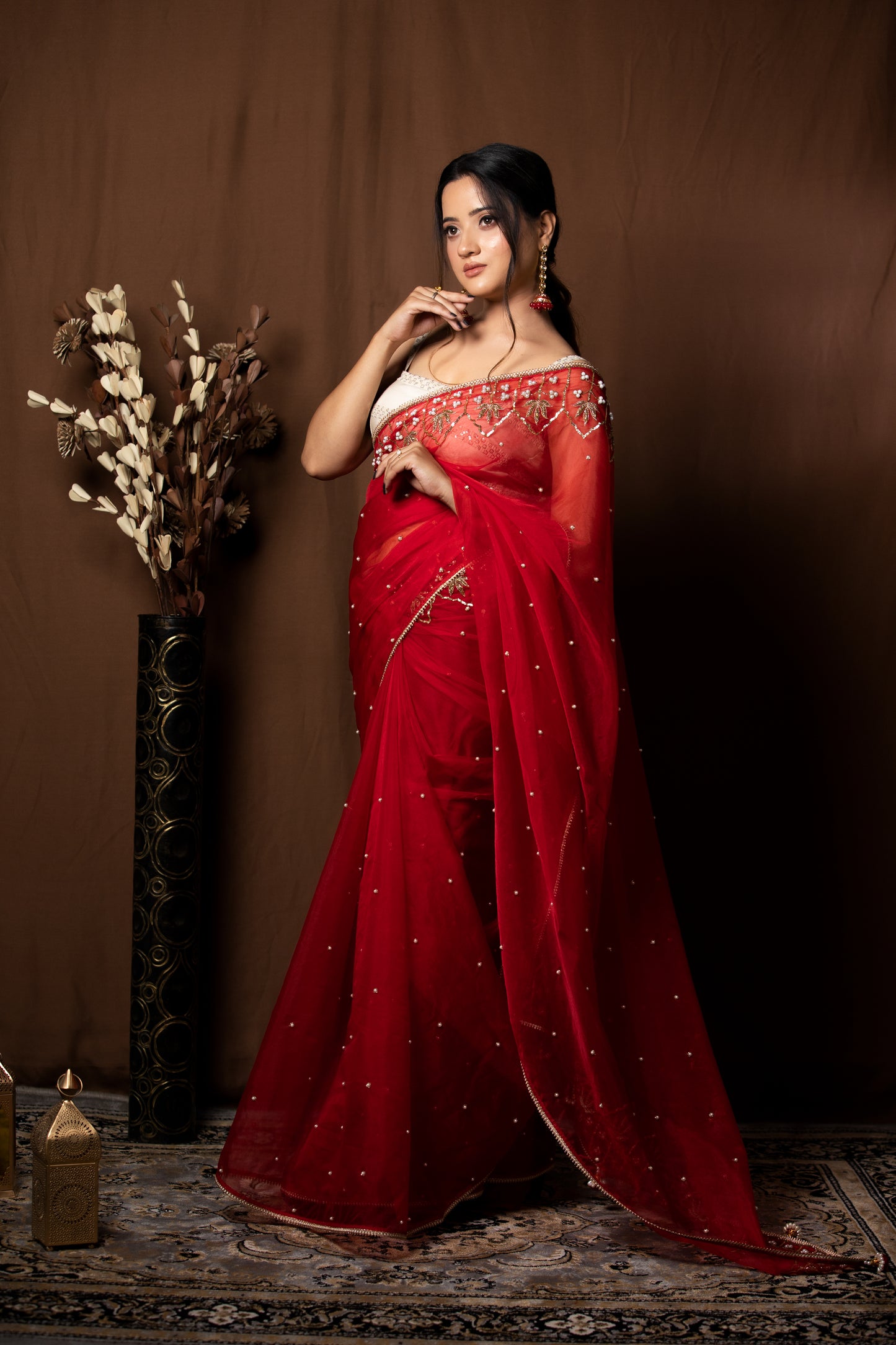 RED ORGANZA SAREE - KUMUD