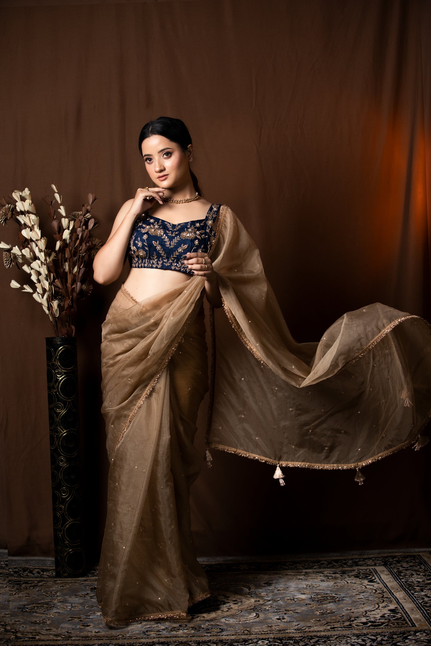 BROWN ORGANZA SAREE - KUMUD