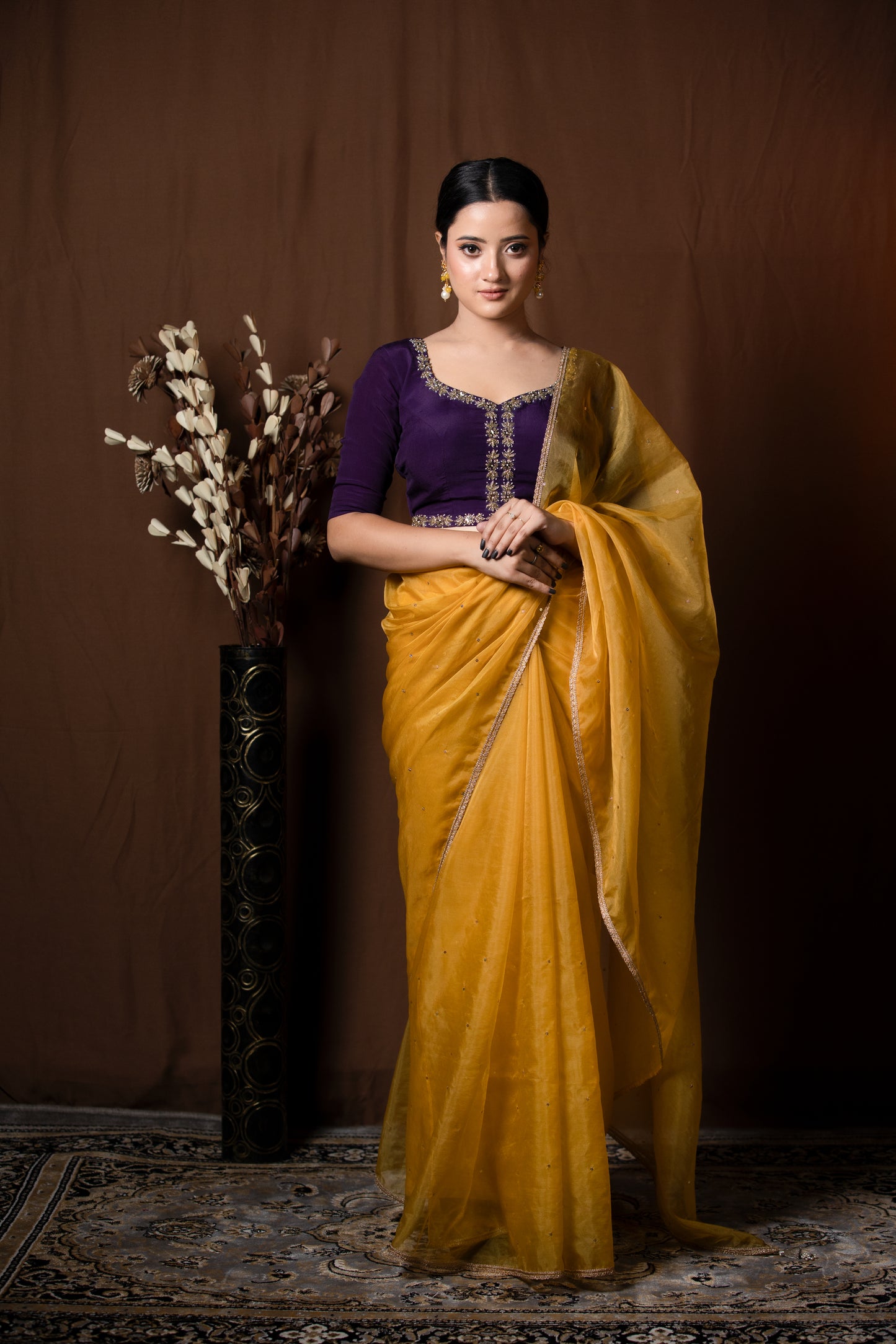 MUSTARD YELLOW ORGANZA SAREE - KUMUD