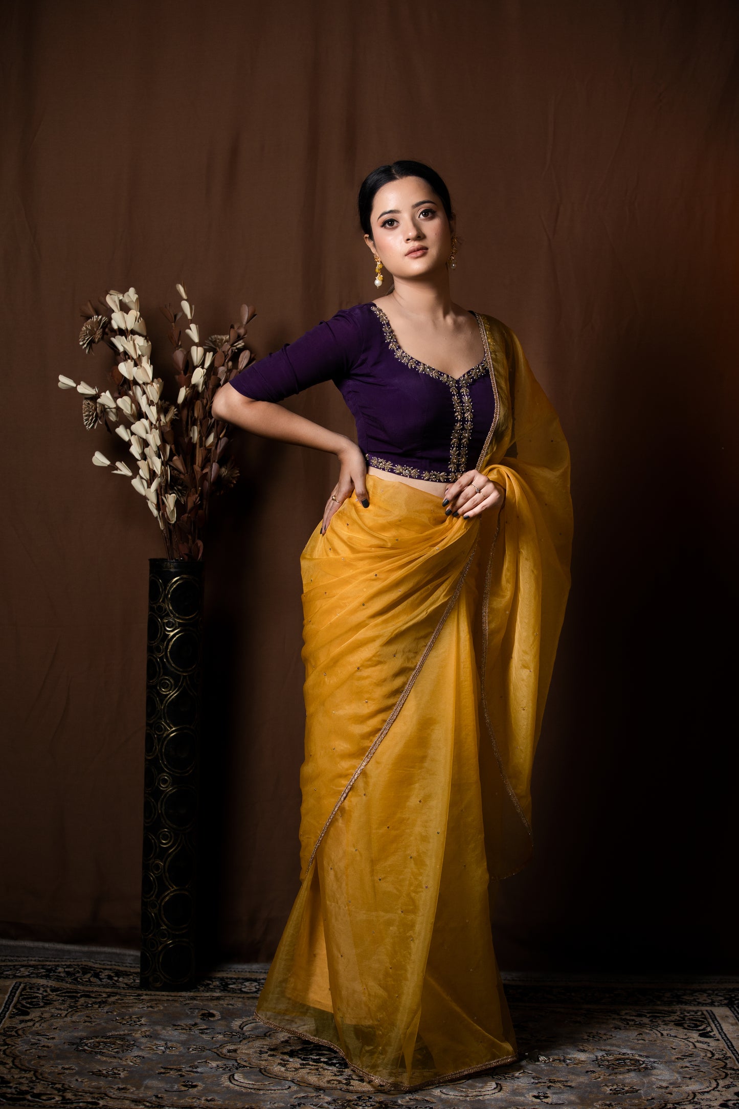 MUSTARD YELLOW ORGANZA SAREE - KUMUD