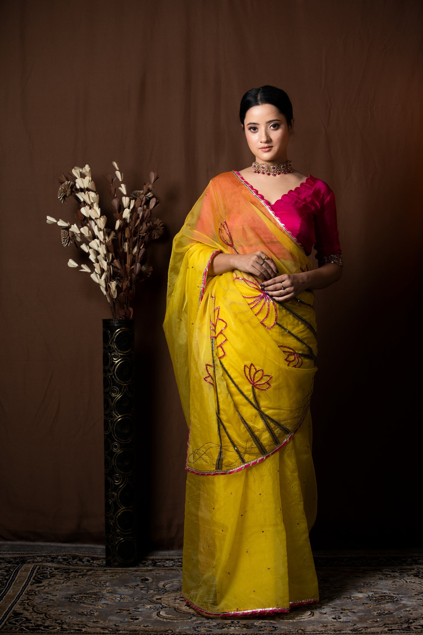 TURMERIC YELLOW ORGANZA SAREE - KUMUD