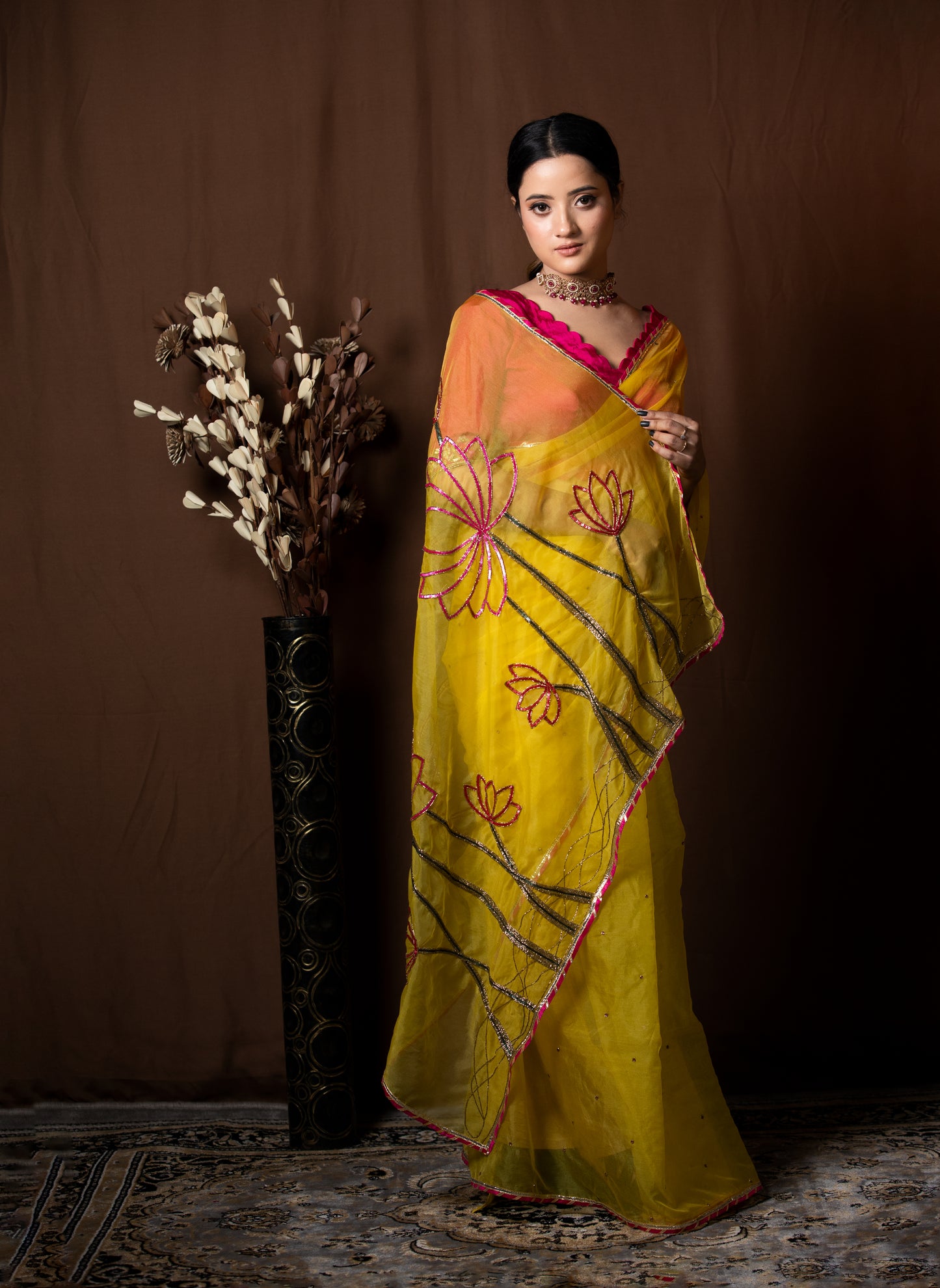 TURMERIC YELLOW ORGANZA SAREE - KUMUD