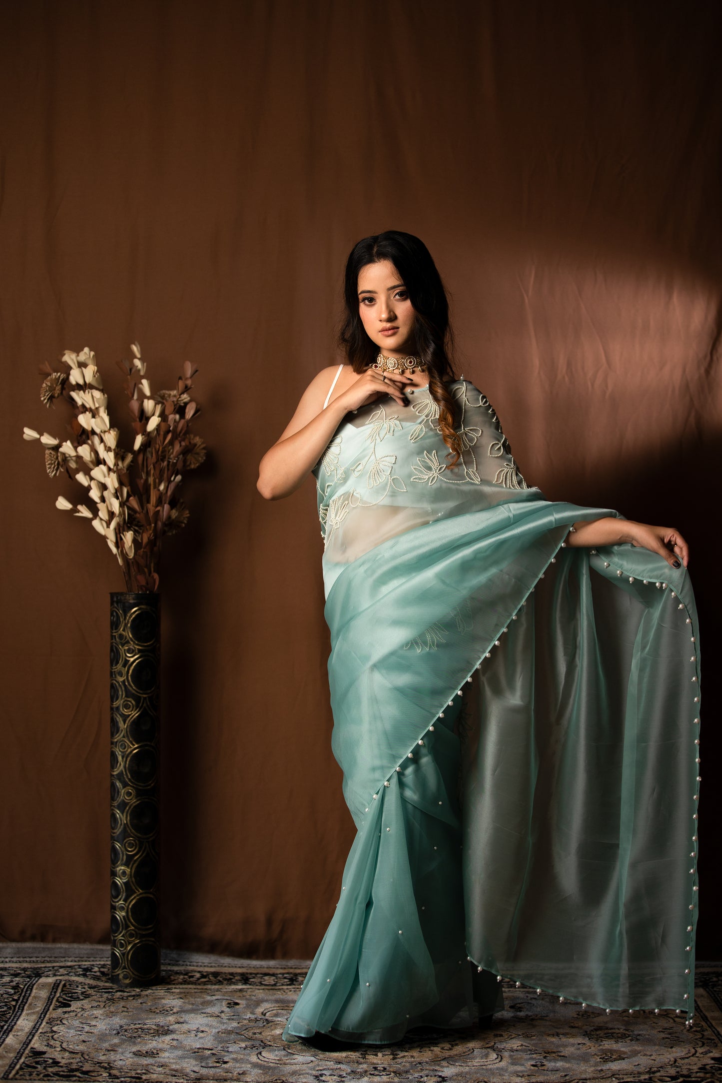 OCEAN BLUE ORGANZA SAREE - KUMUD