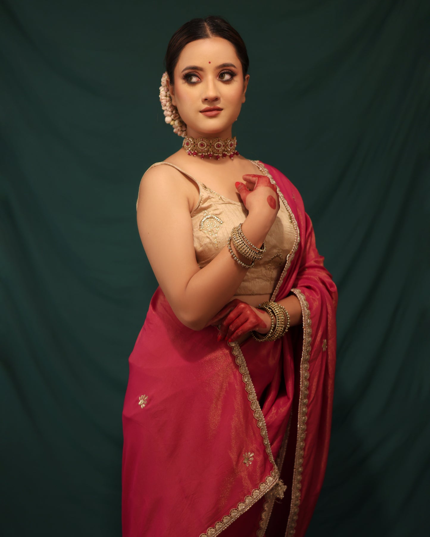 PINK AND DUST GREEN ORGANZA SAREE - JHAROKHA