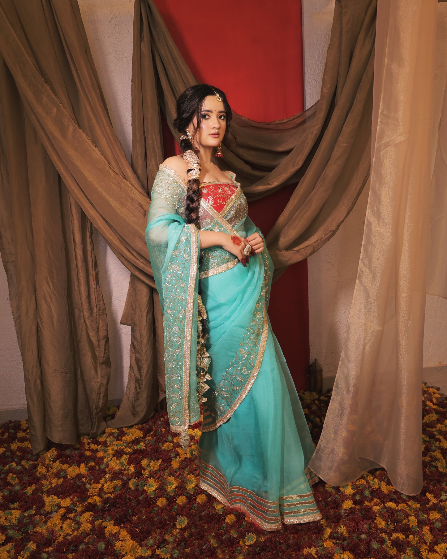 SKY BLUE AND RED SAREE - SWARN MANJARI
