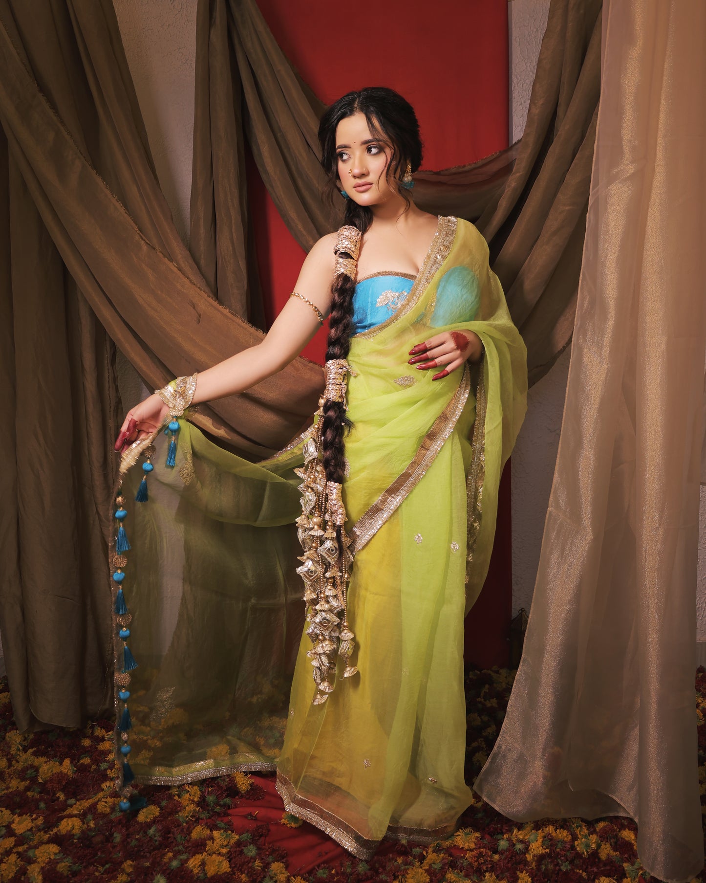 YELLOW AND INK BLUE SAREE  - SWARN MANJARI