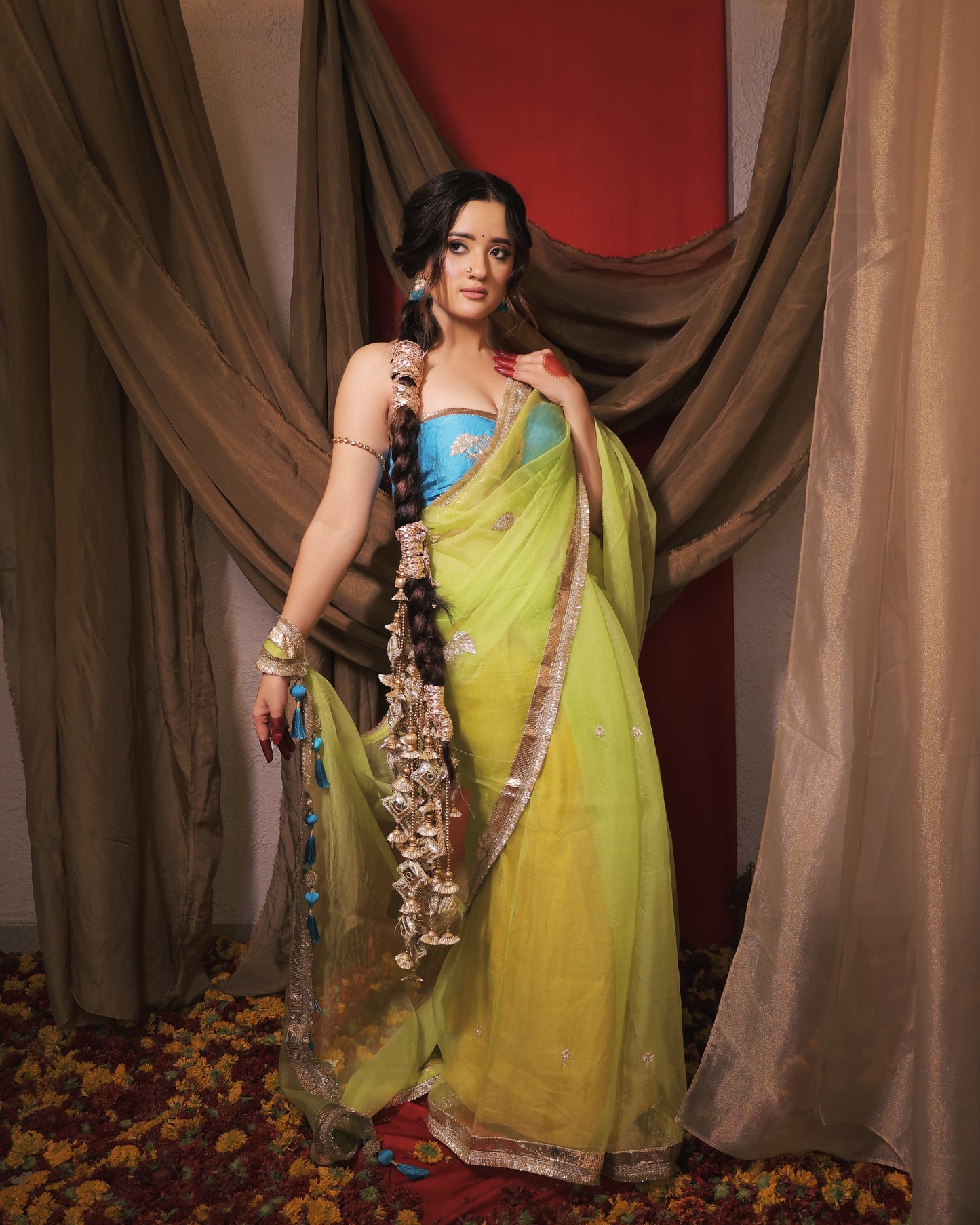 YELLOW AND INK BLUE SAREE  - SWARN MANJARI