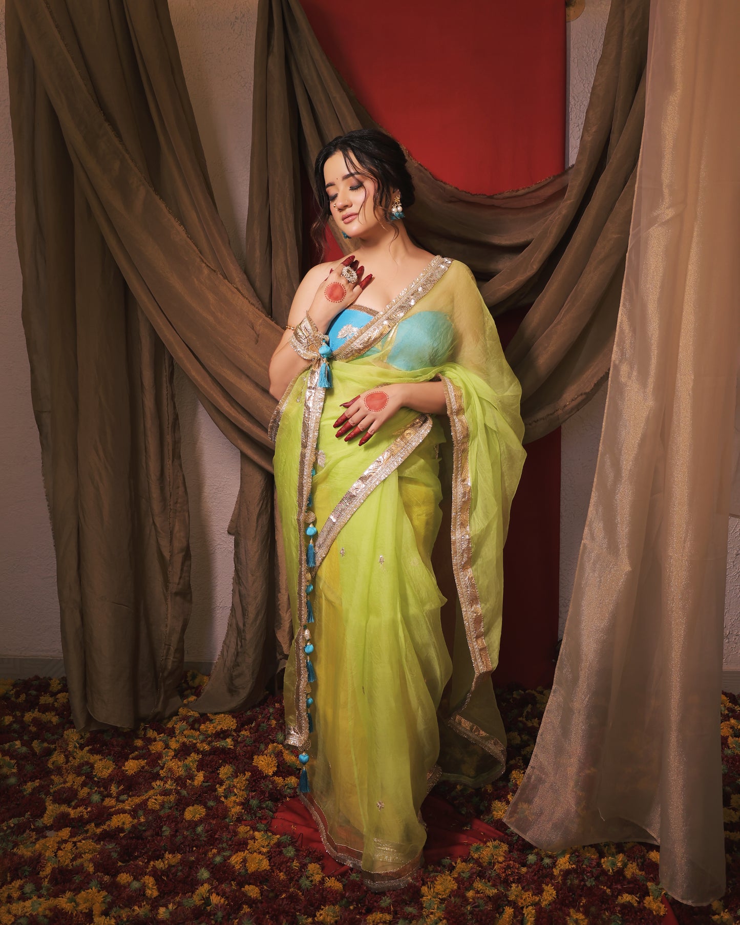 YELLOW AND INK BLUE SAREE  - SWARN MANJARI