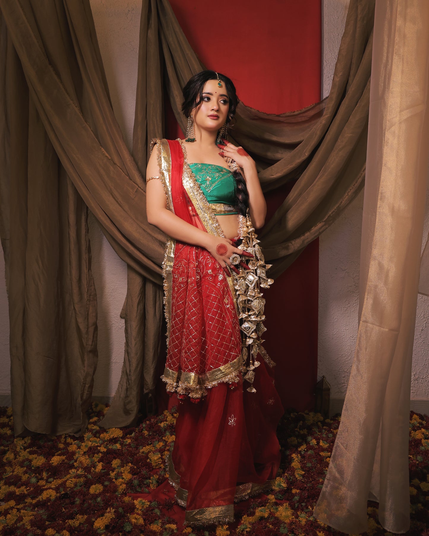 RED AND EMERALD GREEN SAREE  - SWARN MANJAR