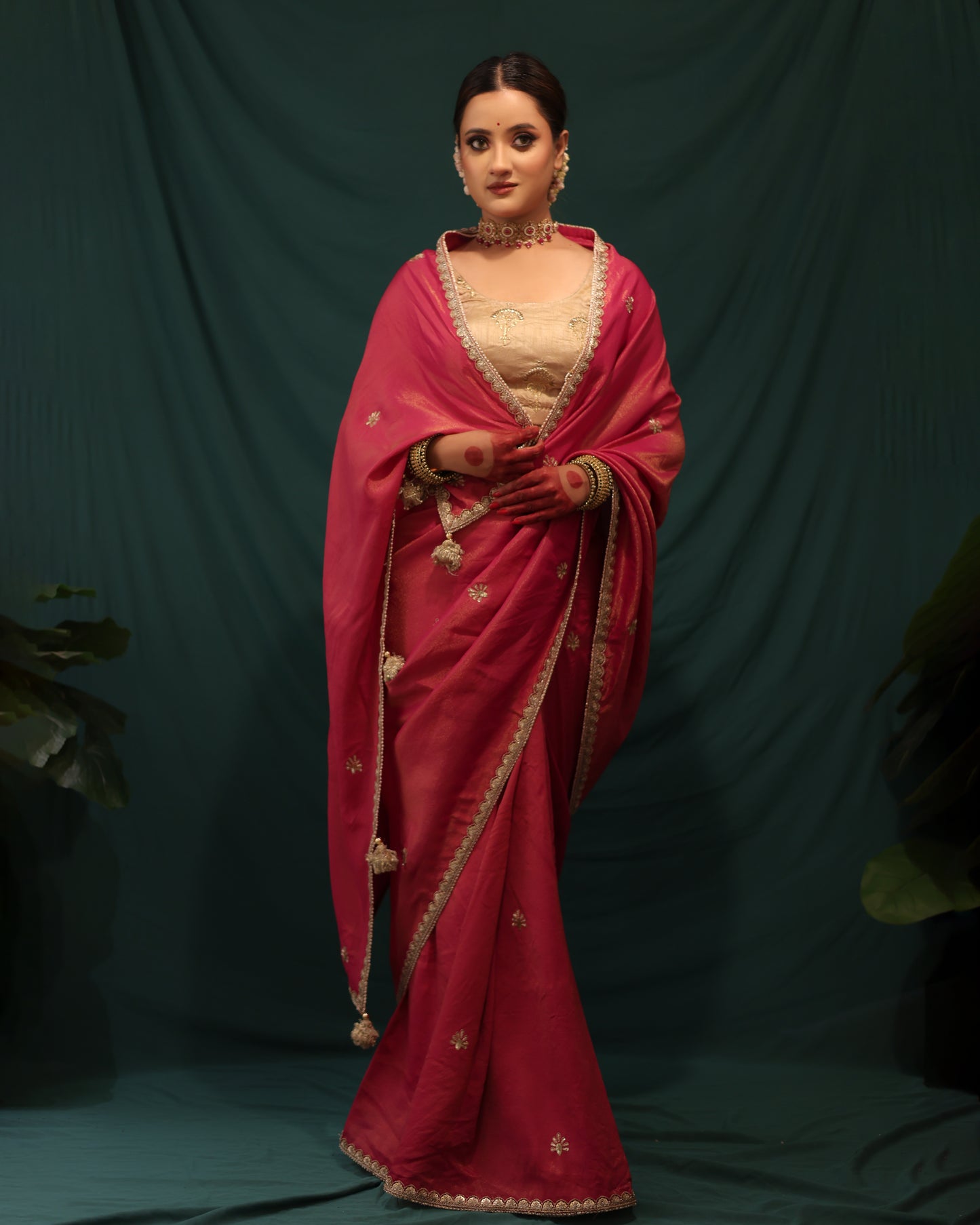 PINK AND DUST GREEN ORGANZA SAREE - JHAROKHA