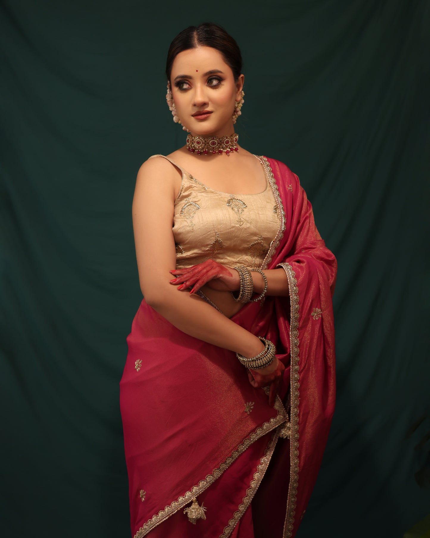 PINK AND DUST GREEN ORGANZA SAREE - JHAROKHA