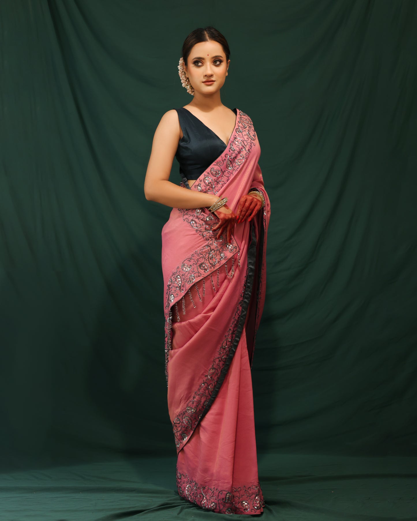 DUST PINK AND BLUE SHIMMER GEORGETTE SAREE - JHAROKHA