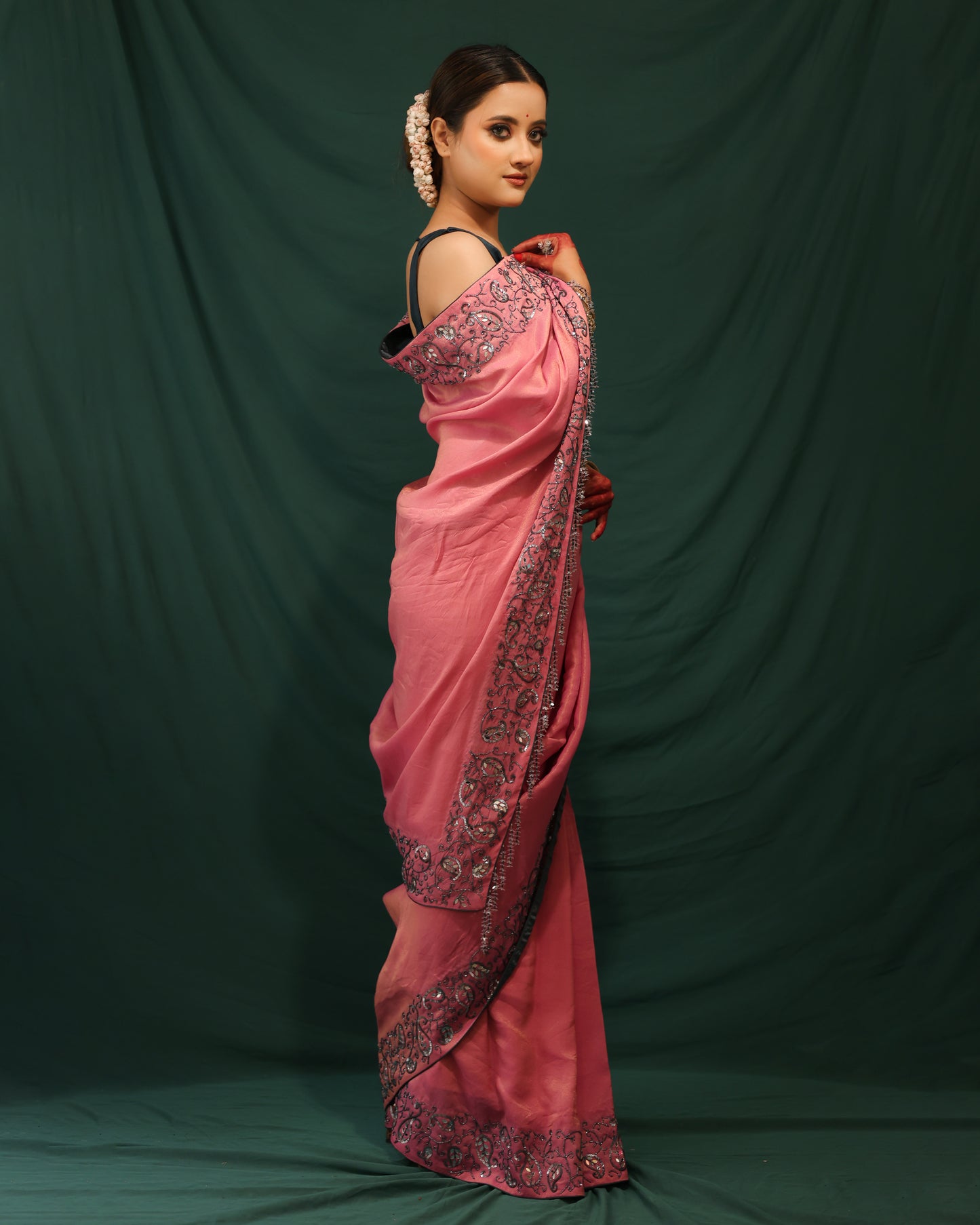 DUST PINK AND BLUE SHIMMER GEORGETTE SAREE - JHAROKHA