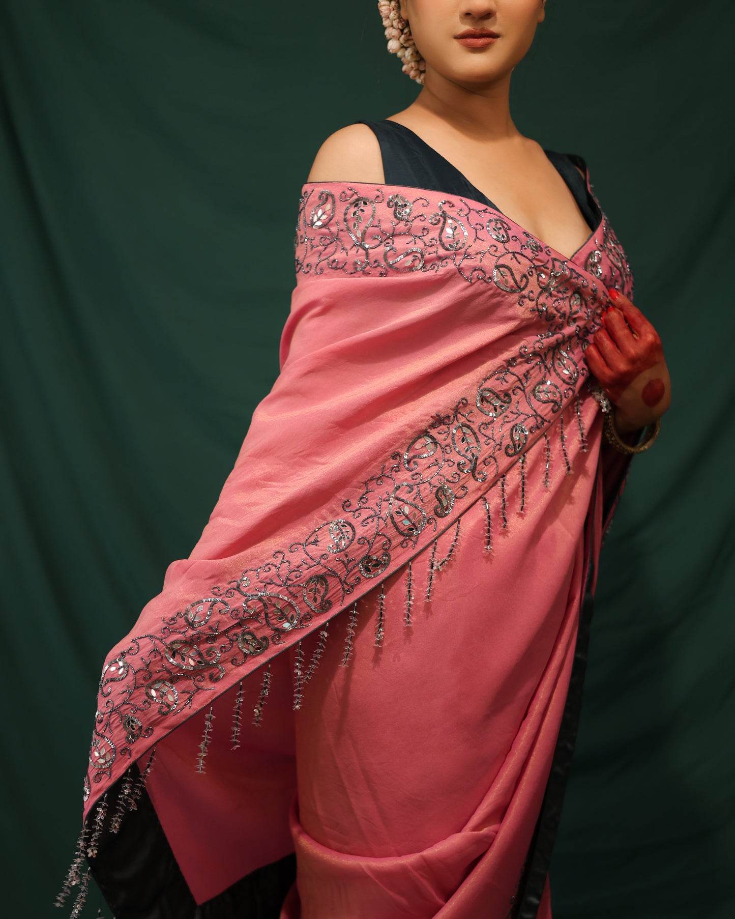 DUST PINK AND BLUE SHIMMER GEORGETTE SAREE - JHAROKHA